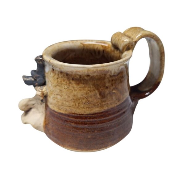 Handmade Face Mug Pottery Cup Clay Folk Art Hillbilly Brown Glaze Signed Tea - Picture 4 of 9